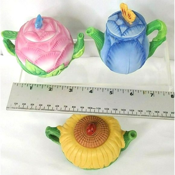 Vintage Set (3) Mini Teapot Set Seasons Flower Spring Sunflower Peony Tulip - Picture 11 of 14